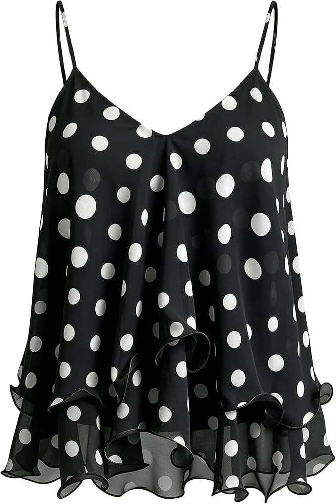 Women Polka Dot Camisole Top Ruffled Babydoll Spaghetti Strap Tank Blouses | Amazon (US)