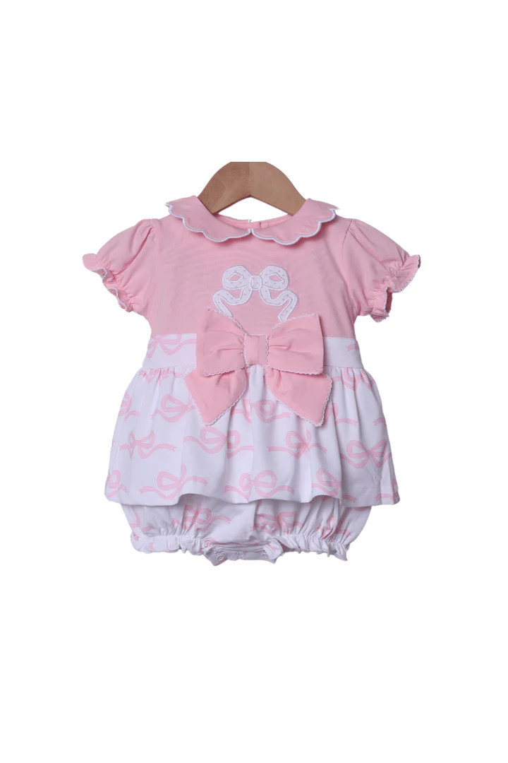 Applique Bow Pink Knit Skirted Bubble | The Smocked Flamingo