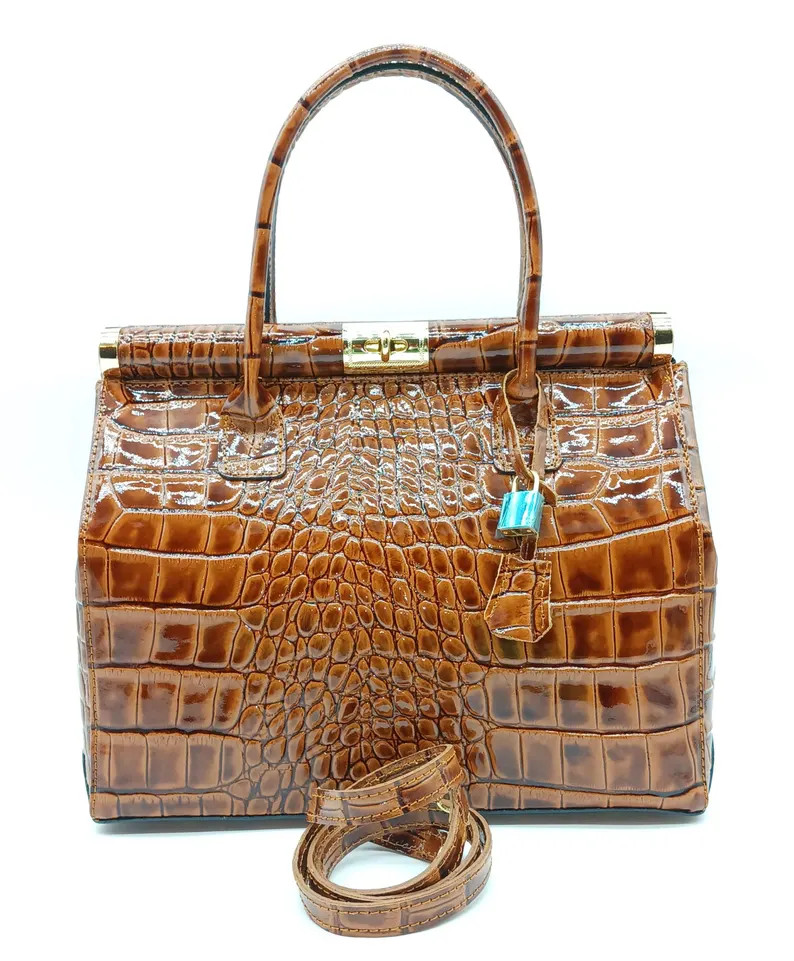 Italian Lock & Key Shiny Croc Embossed Genuine Leather Handbag Satchel – Made In Italy - Brown | Etsy (US)