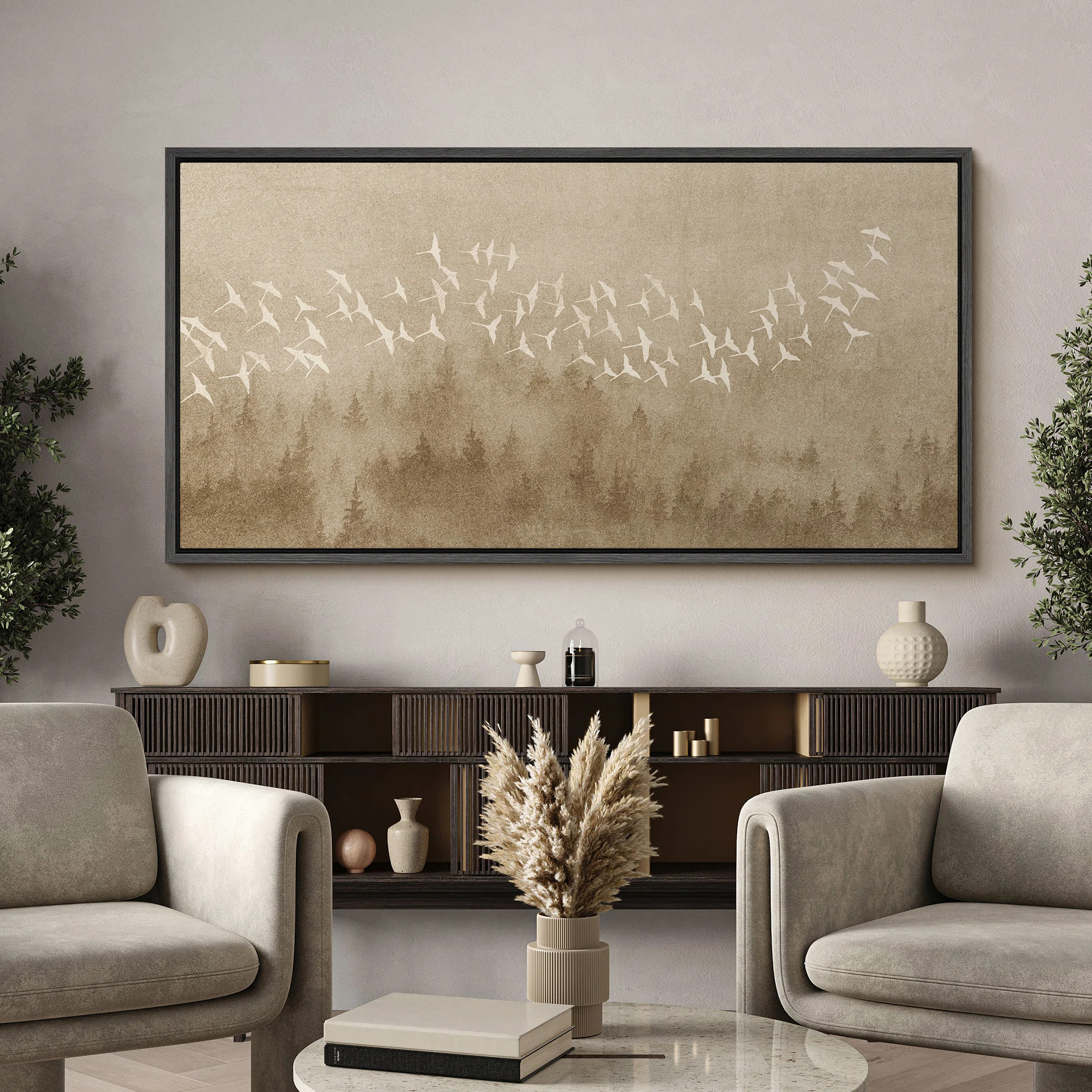 " Ethereal Bird Flock Over Forest Nature Retro Fine Art Illustrations Decor " | Wayfair North America