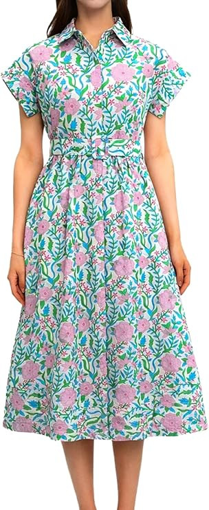 Women Summer Dresses 2025 Casual Wing Short Sleeve Button Down Midi Dress Floral Long Dress with ... | Amazon (US)