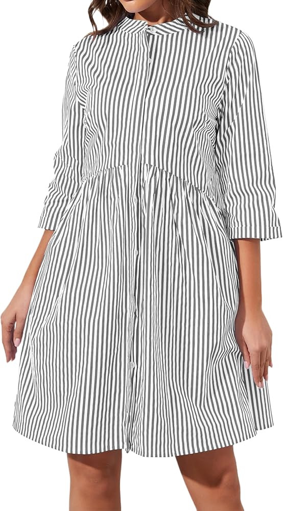 Womens Striped Shirt Dresses Casual Button Down Collared Tunic Blouse Mini Dress Loose Fit 3/4 Sl... | Amazon (US)