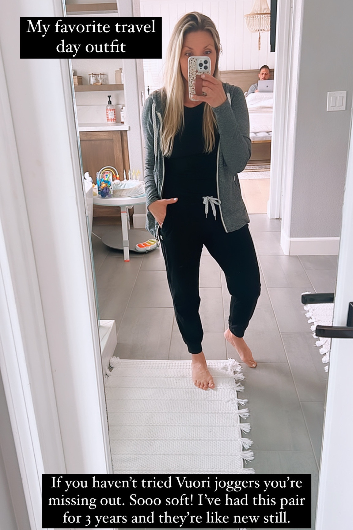 Best travel day outfit. These Vuori joggers and hoodie have been a travel staple for me for over three years and they still feel like they did the first day I bought them- sooo soft!! 

They magically keep me warm and also cool so they are perfect for the plane, touring a city and more. I like to dress them up with a denim jacket for a fun athleisure look.

#travelready #ltktravel #airplaneoutfit #traveloutfit

#LTKunder100 #LTKstyletip #LTKFind