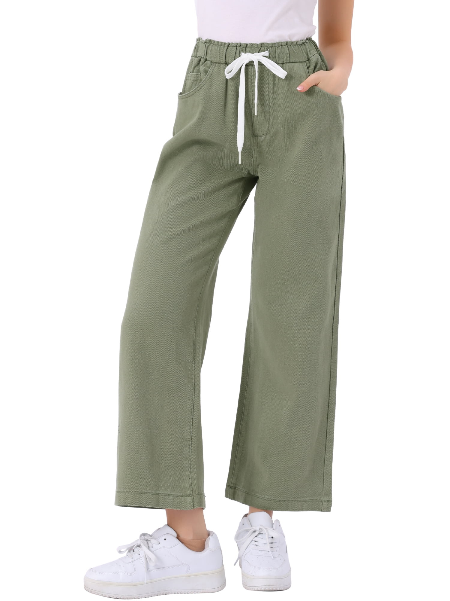 INSPIRE CHIC Women's Wide Leg Denim Pants Drawstring Elastic Waist Casual Jeans with Pockets L Ar... | Walmart (US)
