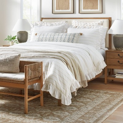 Yarn Dye Stripe with Ruffle Duvet Cover & Sham Set White/Khaki - Threshold™ with Studio McGee | Target