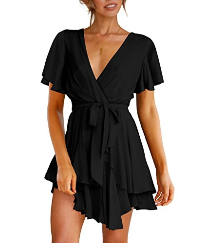 Cosonsen Women's Dress Deep V-Neck Long Sleeve Waist Tie Ruffle Mini Swing Skater Dresses | Amazon (US)