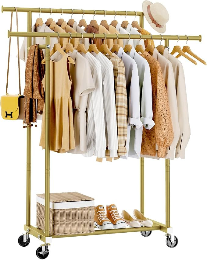 Double Rods Clothes Rack, Sturdy Rolling Clothing Rack, Portable Clothing Racks for Hanging Cloth... | Amazon (US)