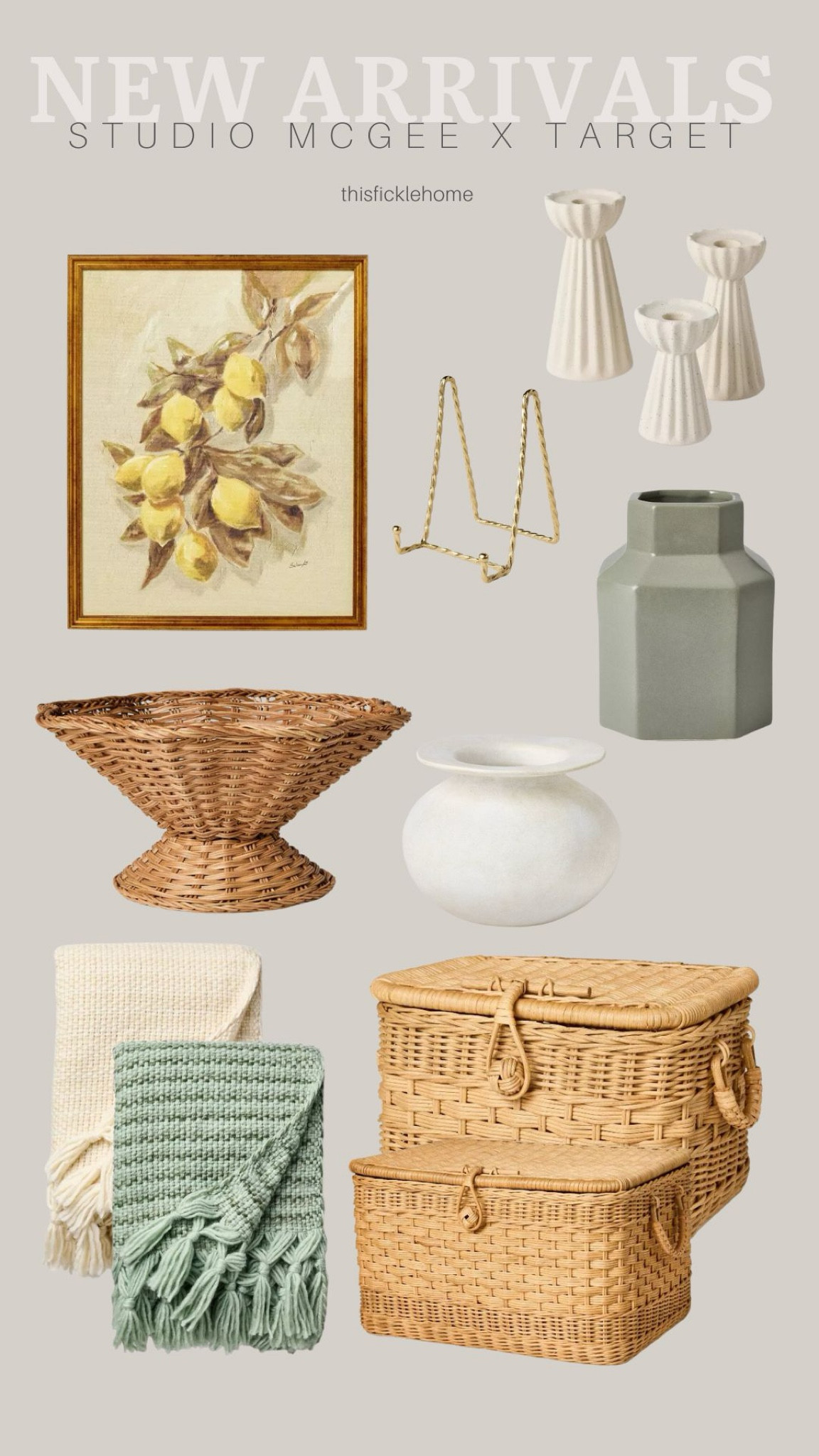 New Threshold Studio McGee collection at Target for spring. 

Lidded rattan basket. Rattan pedestal bowl. Book stand. Ceramic ribbed taper candle holder. Spring throw blankets. Glossy green ceramic vase. Ceramic vase. Wall art.

#LTKHome