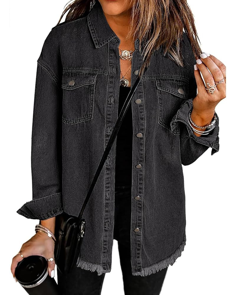 Vetinee Women’s Oversized Button Up Frayed Hem Shacket Long Sleeve Pockets Denim Jean Jacket | Amazon (US)