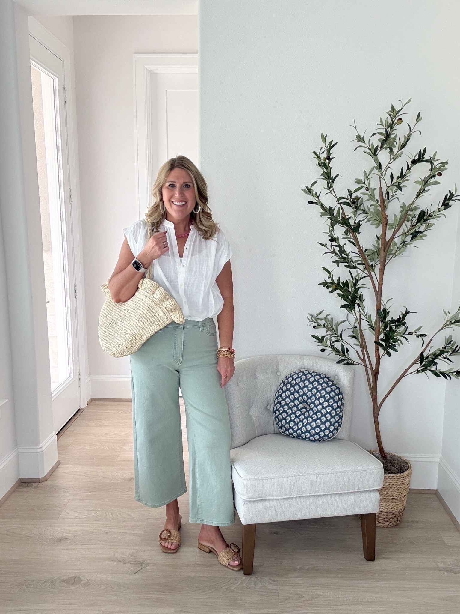 Lightweight button up top has a relaxed fit. Semi sheer. I have on a white tank.
High rise wide leg cropped denim very stretchy. Super comfortable.
Raffia slides with tortoise buckle. They run a little snug, size up a half size. ♥️

#LTKFindsUnder50 #LTKShoeCrush #LTKFindsUnder100 #LTKStyleTip #LTKItBag

#LTKSaleAlert #LTKBeauty #LTKMidsize #LTKPetite #LTKTravel #LTKOver40 #LTKSeasonal #LTKWorkwear #LTKootd