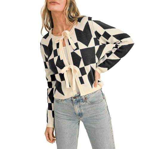 Bow Sweater Women Sweater with Bows Tie Front Cardigan Sweater Y2k Sweaters Long Sleeve Cropped Tops Argyle Cardigan Black | Amazon (US)