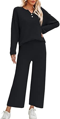 Yanekop Womens 2 Piece Waffle Knit Sweater Set Outfits Lounge Sets Henley Shirts Wide Leg Pants P... | Amazon (US)