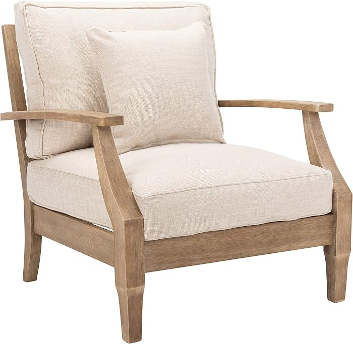 SAFAVIEH Couture Outdoor - Martinique Armchair - Natural & Beige - Solid Wood - Slatted Coastal D... | Amazon (US)