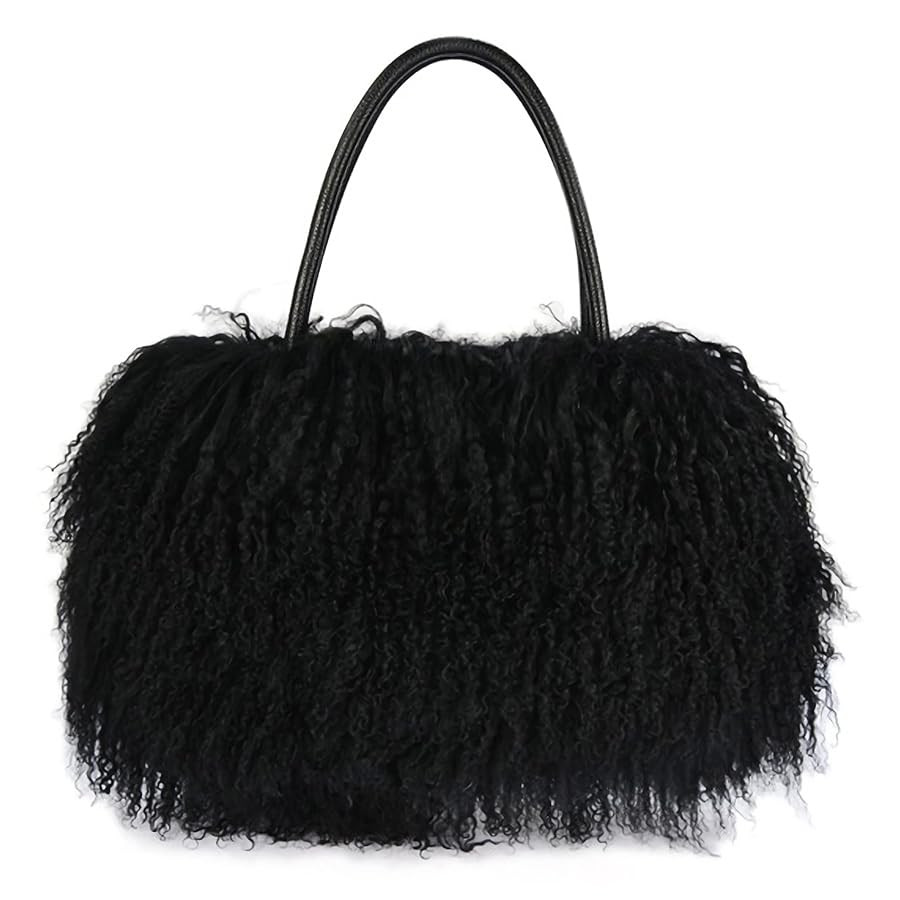 Women Luxury Real Lamb Mongolian Flush Wool Fur With Genuine Leather Handles Handbag | Amazon (US)