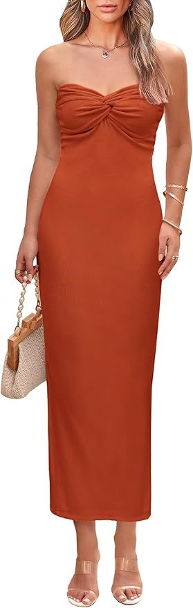 PRETTYGARDEN Women's Bodycon Long Dresses Summer Strapless Tube Twist Knot Front Ribbed Knit Maxi... | Amazon (US)