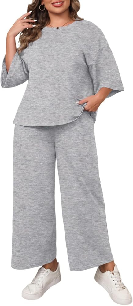 Beautife Womens Plus Size 2 Piece Outfits 3/4 Sleeve Tops and Wide Leg Pants Loungewear Pajamas S... | Amazon (US)