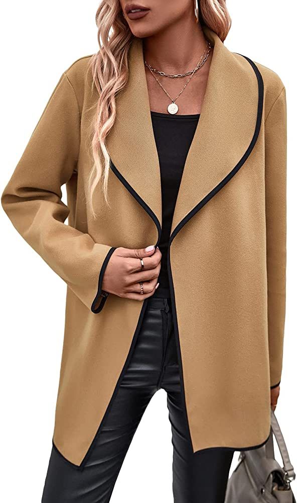 WDIRARA Women's Open Front Contrast Binding Shawl Collar Oversized Overcoat Outerwear | Amazon (US)