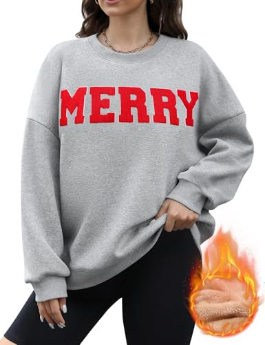 Jyanl Women's Grey Merry Christmas Crewneck Sweatshirt, Large, Classic, Loose Fit, Long Sleeve, Fleece Lined, Holiday | Amazon (US)