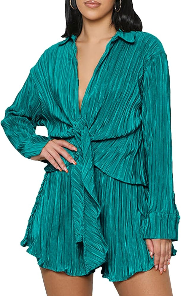 Women's 2 Pieces Outfits Pleated Deep V Neck Tie Front Long Sleeve Blouse with Shorts | Amazon (US)