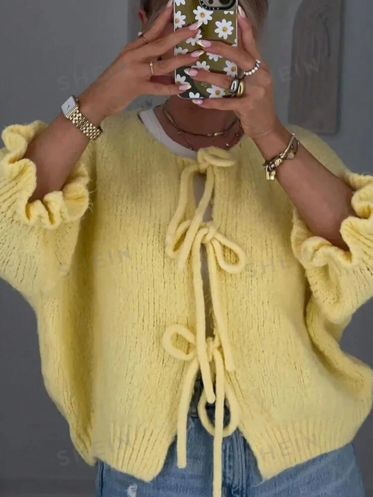 SHEIN EZwear Women's Crew Neck Drawstring Long Sleeve Casual Loose Comfy Sweater | SHEIN