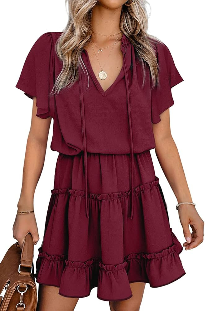 Dokotoo Womens Split V Neck Ruffle Chiffon Elegant Mini Short Skirt Dresses | Amazon (US)