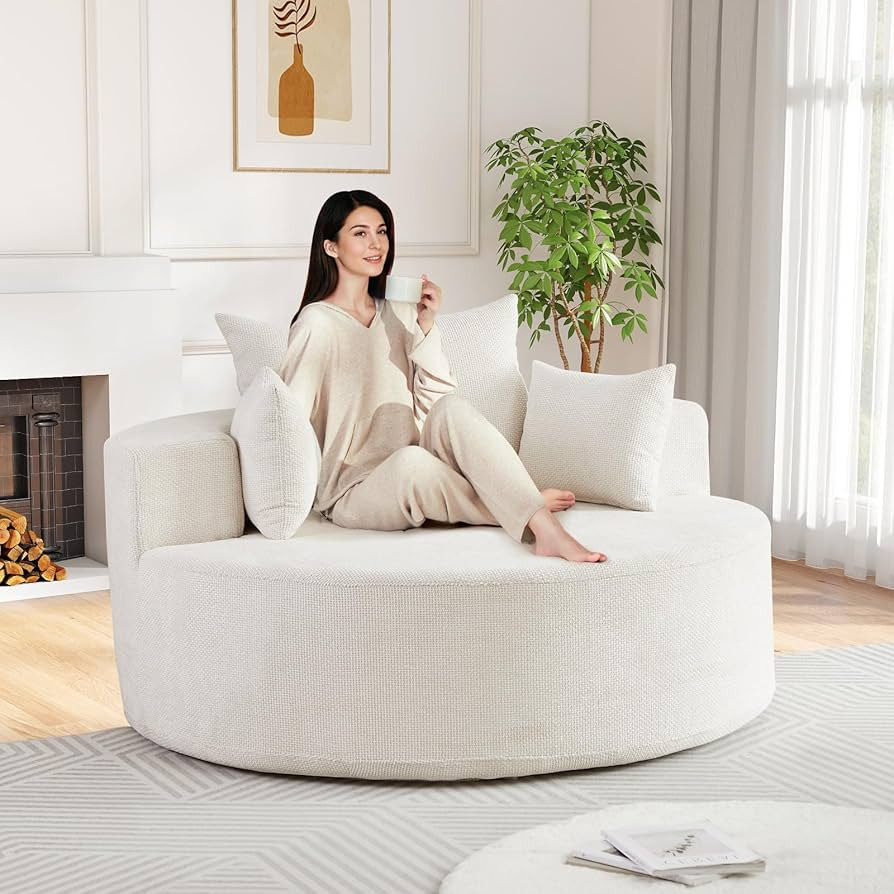 Antetek Oversized Round Chaise Longue Chair Indoor, Modern 55-inch Upholstered Waffle Chenille De... | Amazon (US)