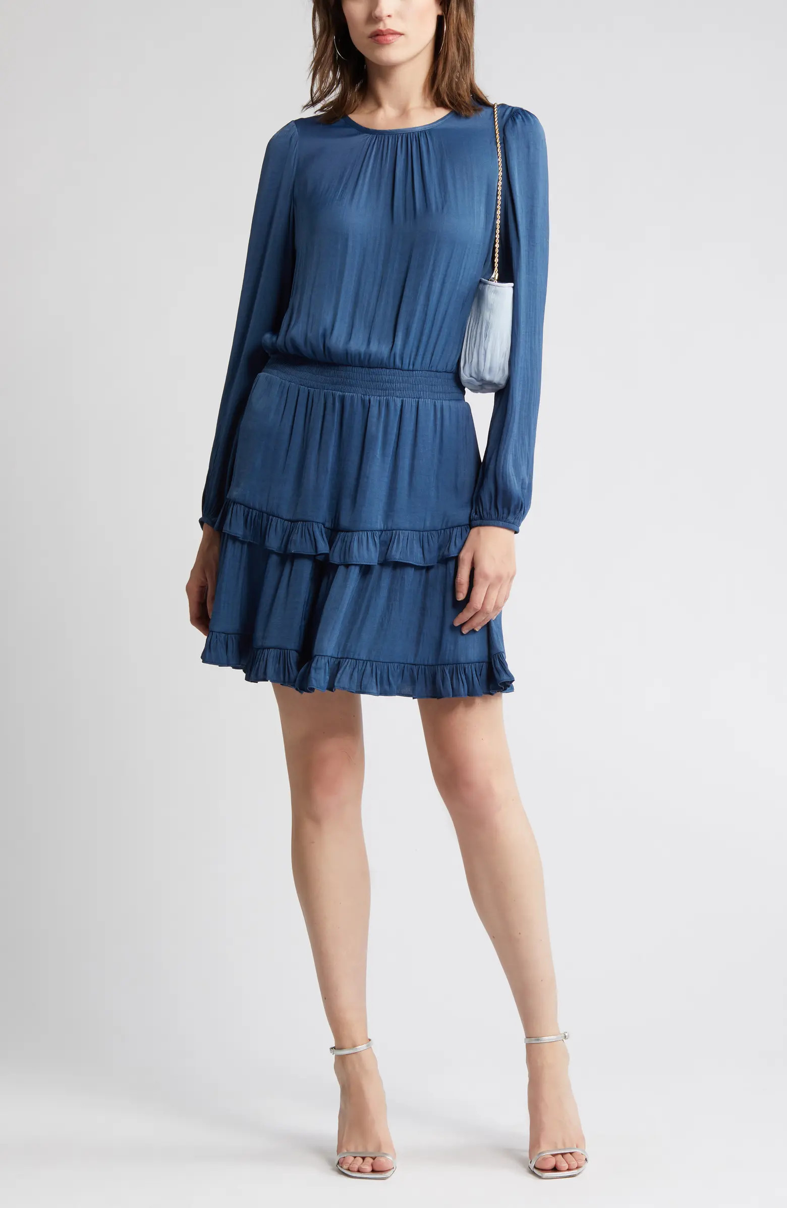 Socialite Smocked Tiered Long Sleeve Satin Dress | Nordstrom | Nordstrom