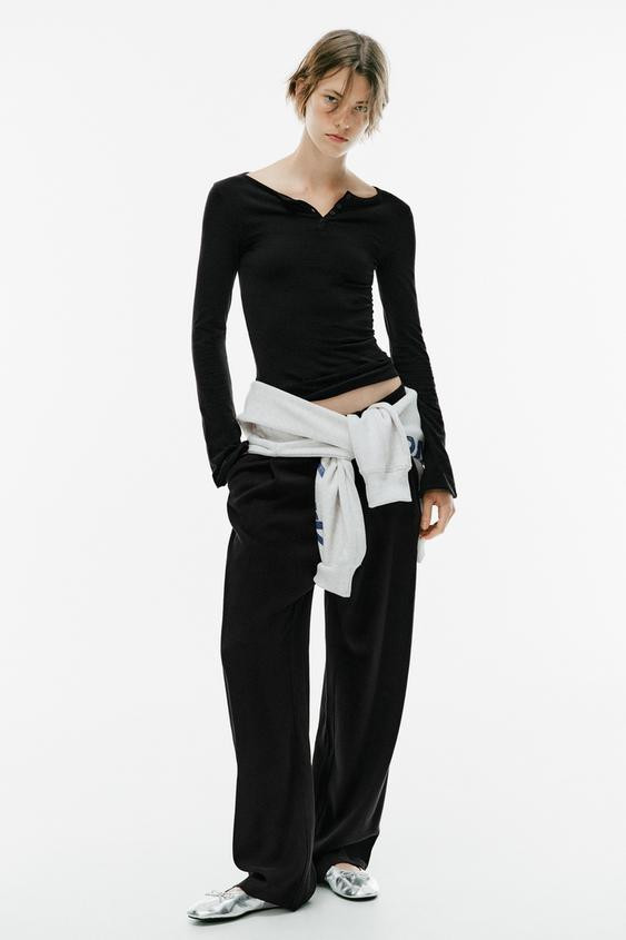 Zara - Henley T-Shirt - Black - L - Woman | Zara UK