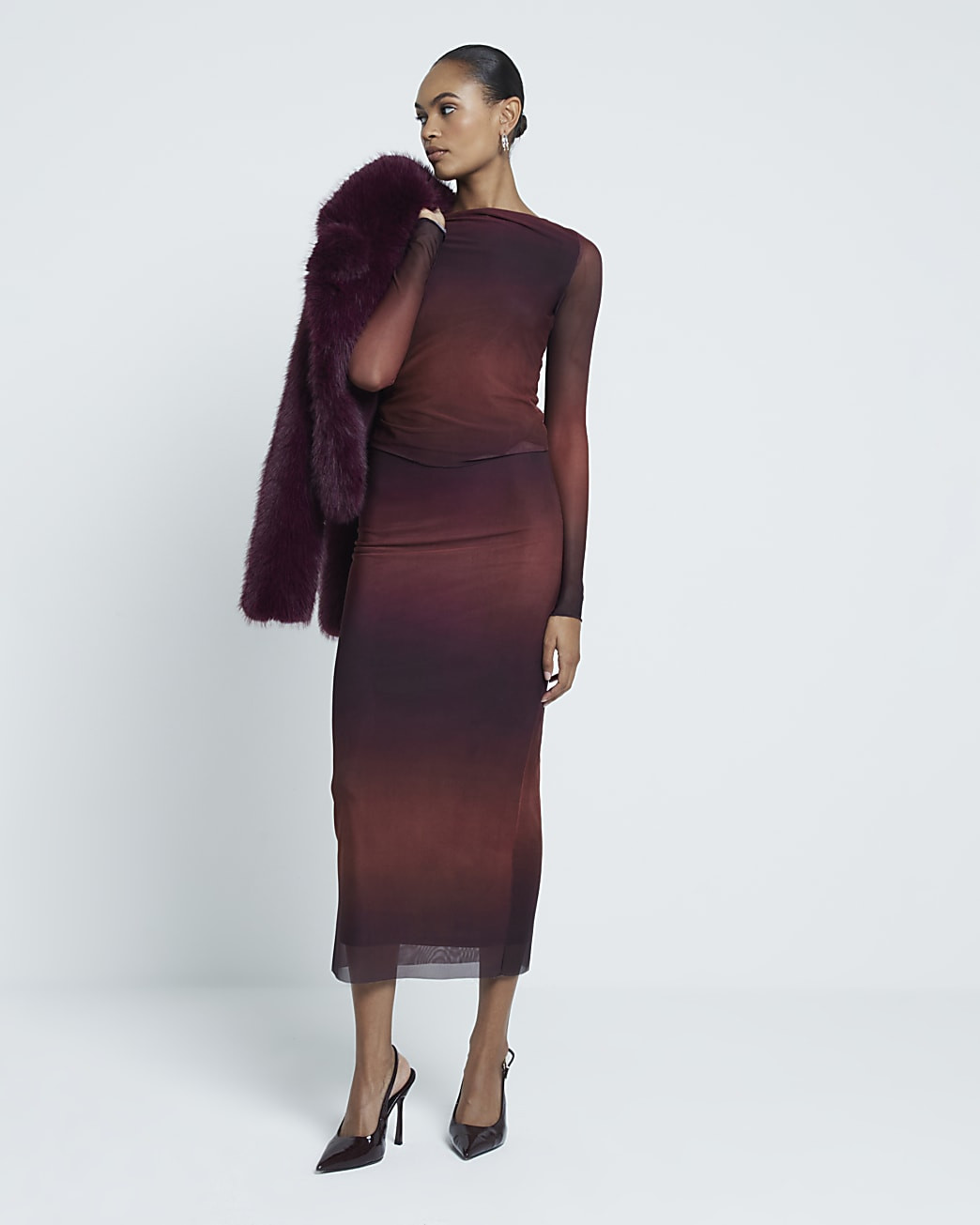 Red Mesh Ombre Print Column Midi Skirt | River Island (UK & IE)