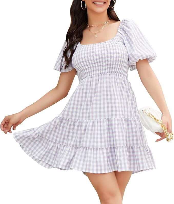 EXLURA Womens Off Shoulder Dress Round Neck Puff Short Sleeve Ruffle Plaid Tiered Swing Mini Dres... | Amazon (US)