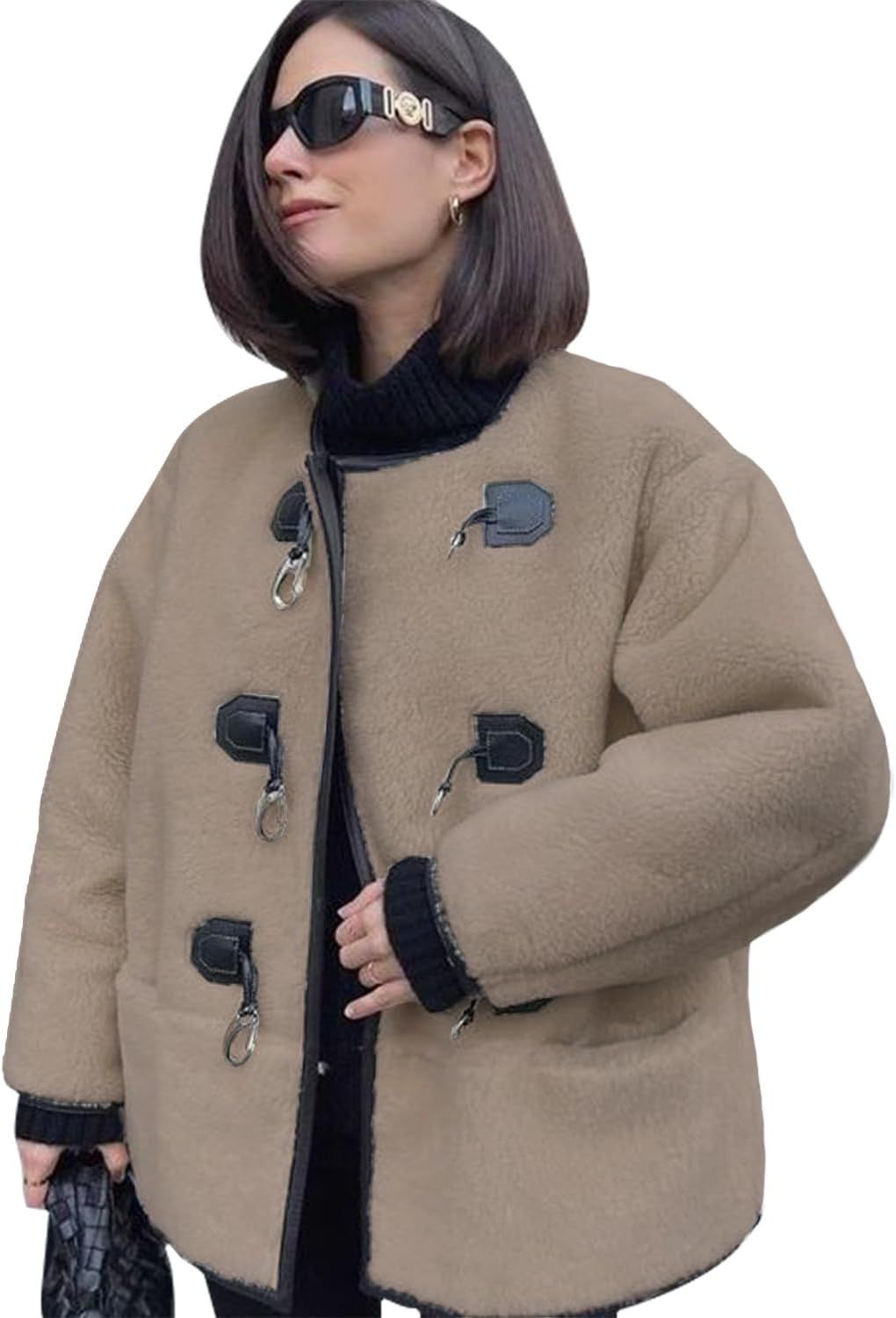 yoeasy Women's Collarless Button Down Sherpa Fleece Jacket Loose Long Sleeve Outwear Coat With Po... | Amazon (US)