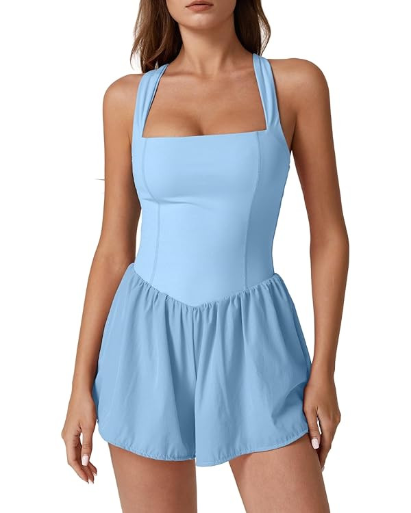 QINSEN Women's Square Neck Sleeveless Romper Jumpsuit Casual Summer One Piece Outfit with Pocket | Amazon (US)