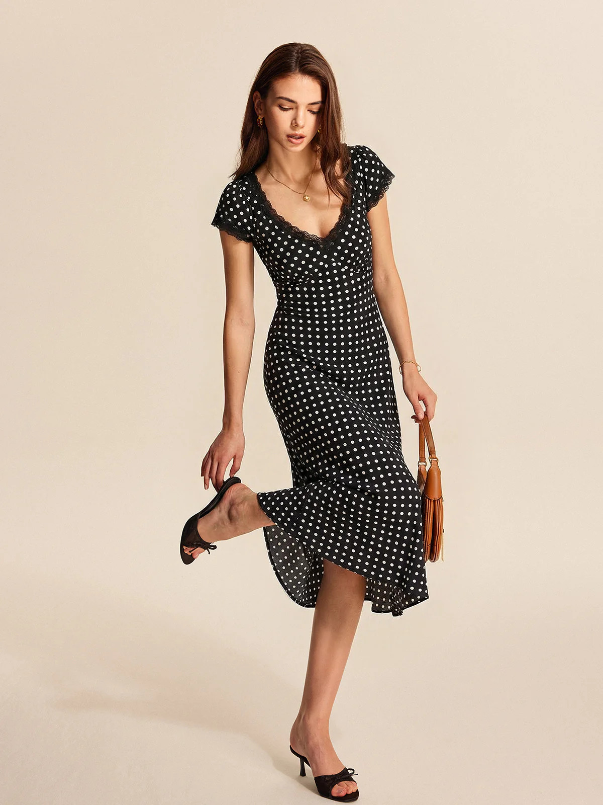Polka Dot Lace V-Neck Maxi Dress | Commense