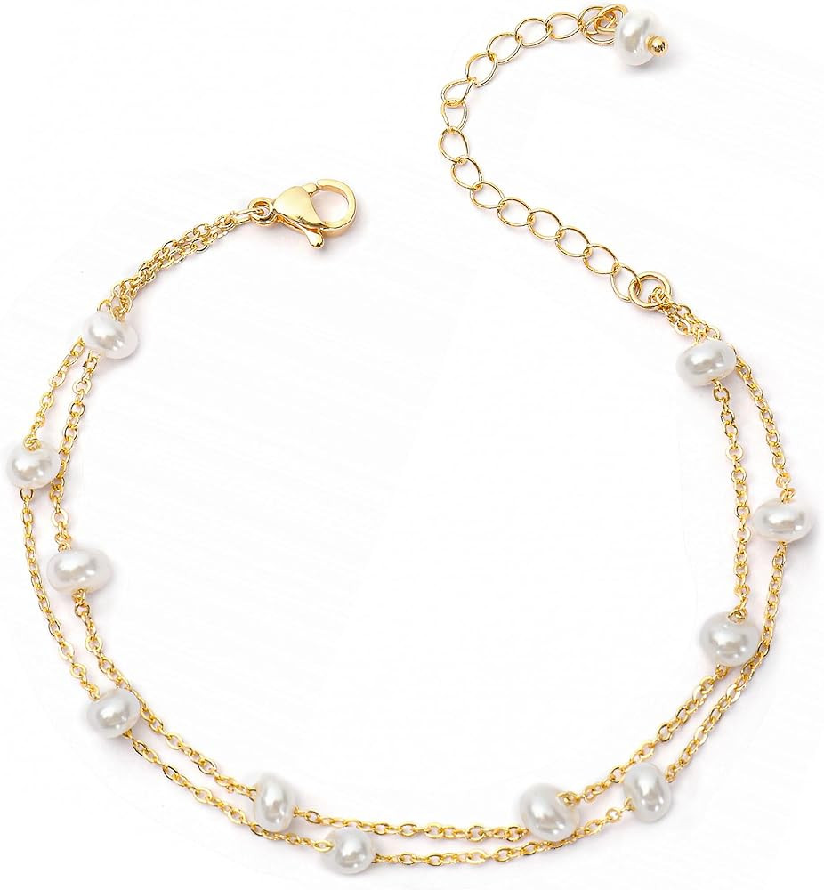 Gold Pearl Bracelets for Women - Dainty 14K Gold Plated Pearls Bracelet Trendy Beaded Chain Jewel... | Amazon (US)