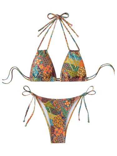 MakeMeChic Women's Polka Dots Triangle Thong Bikini Sets Floral Cute Bathing Suit Swimsuits | Amazon (US)