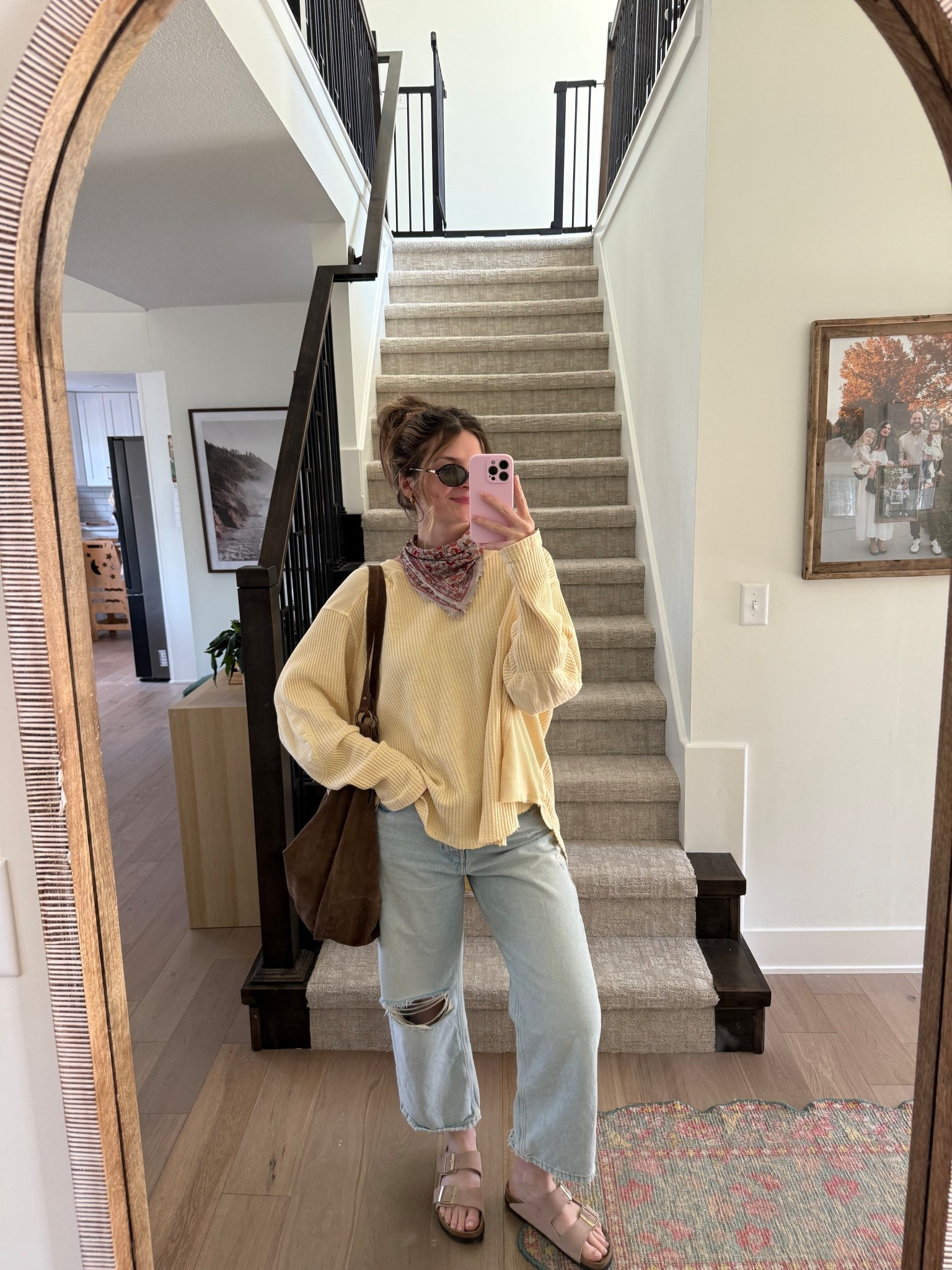 wearing small in top, one of my faves! sized up 2 in jeans postpartum! Neck scarf is such a fun addition and pop of another color! 

Spring outfit 

#LTKmomlife #LTKootd