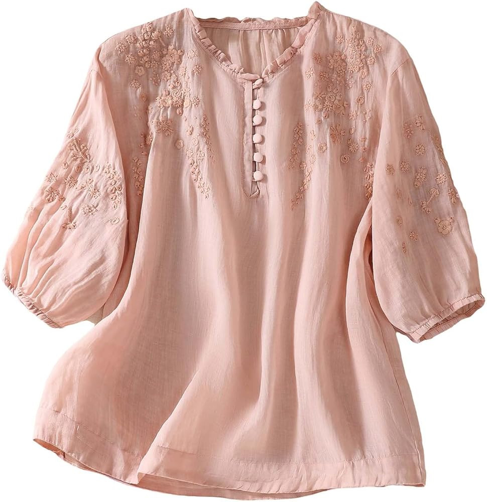 Women's Cotton Linen Blouse Embroidered Puff 3/4 Sleeve Tops Casual Loose Fit Henley Neck Summer ... | Amazon (US)