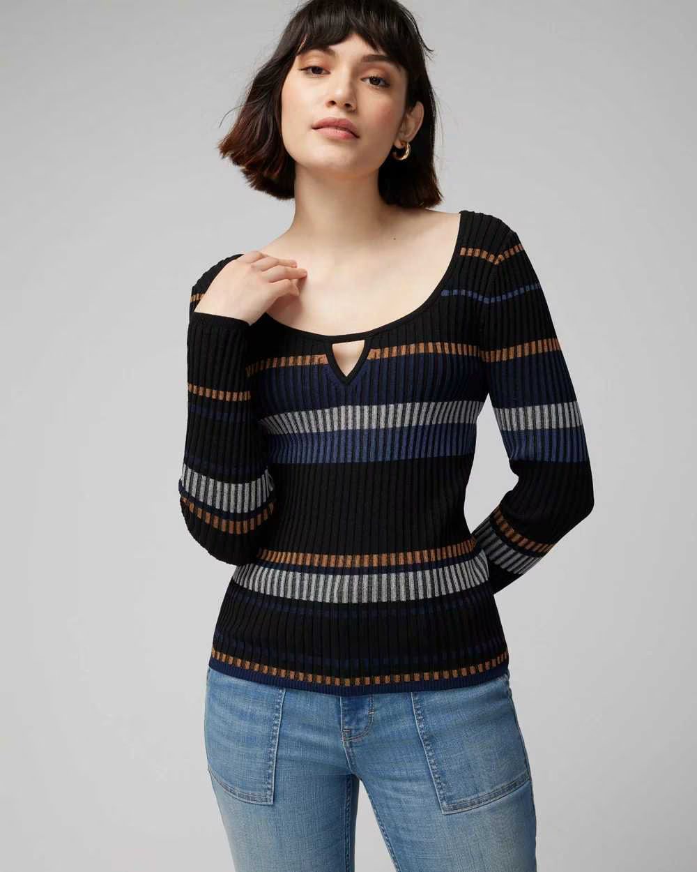 Petite Long Sleeve Stripe Keyhole Pullover Sweater | White House Black Market