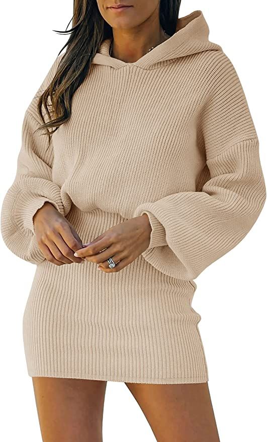 Qpmmber Women's Long Sleeve Pullover Sweater Casual Hooded Puff Sleeve Knitted Mini Bodycon Dress | Amazon (US)