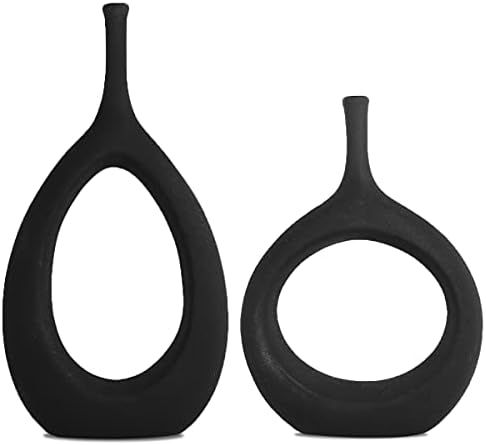 SANFERGE Set of 2 Black Ceramic Flower Vase, Hollow Oval Vase for Home Décor Office Decoration, ... | Amazon (US)