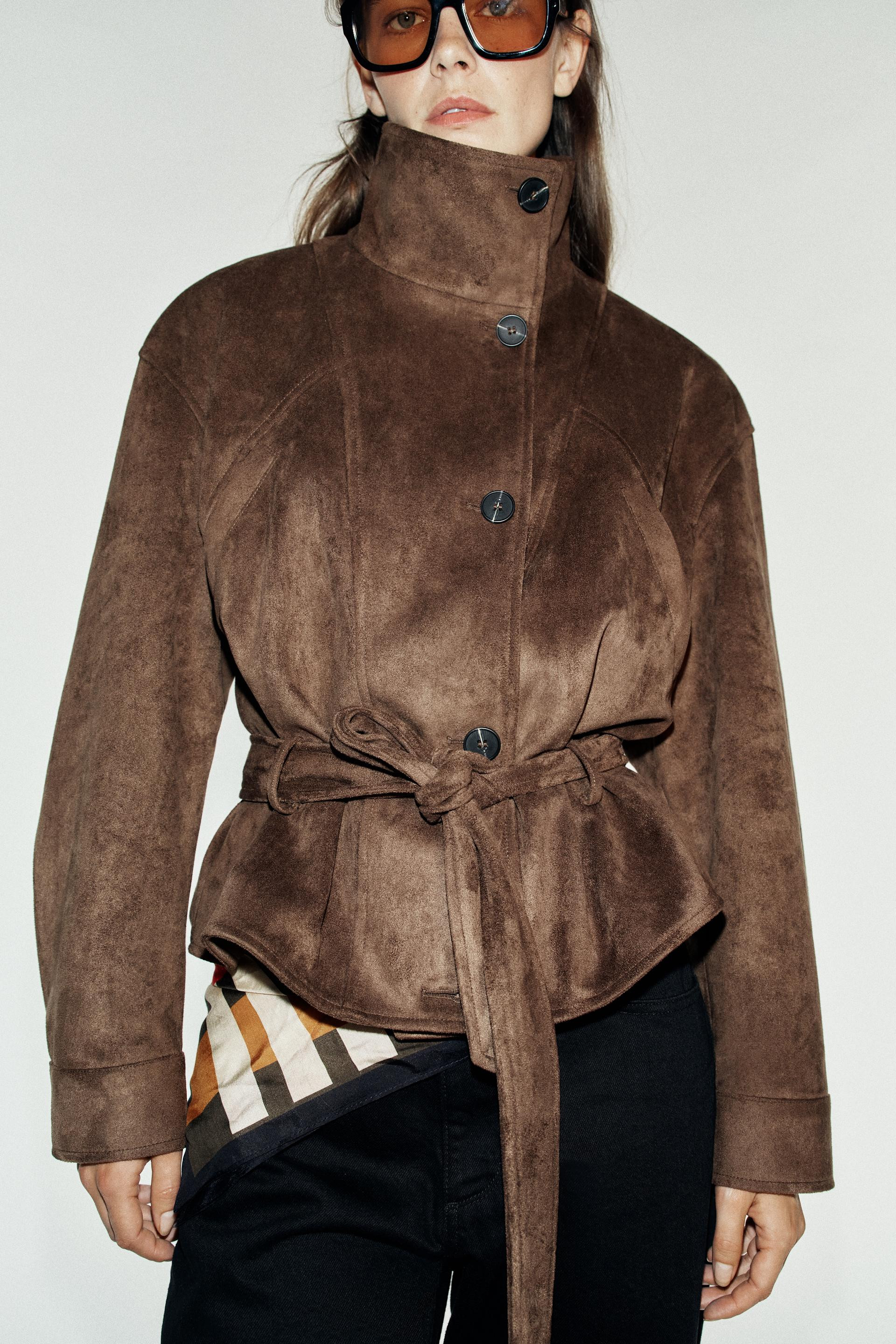 Zara - Faux Suede Belted Jacket - Dark Brown - L - Woman | Zara US