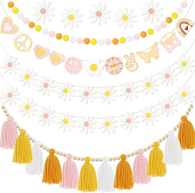 Groovy Party Decoration Garland 5Pcs, Groovy Hippie Banner Daisy Boho Tassel Garland Decor, Pre S... | Amazon (US)