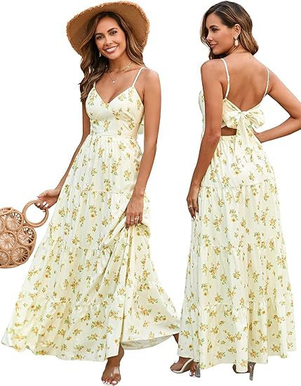 HTZMO Women Casual Summer Floral Maxi Sundress V Neck Spaghetti Strap Bow Tie Backless Flowy Boho... | Amazon (US)