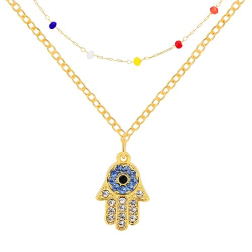 MUNORIAY Hamsa Hand of Fatima Necklace: 18K Gold Plated Cubic Zirconia Dainty Blue Evil Eye Fatima's Hand Pendant Double-Layer Choker Bead Necklaces Protection Jewelry for Women Eid al Fitr Gifts | Amazon (US)