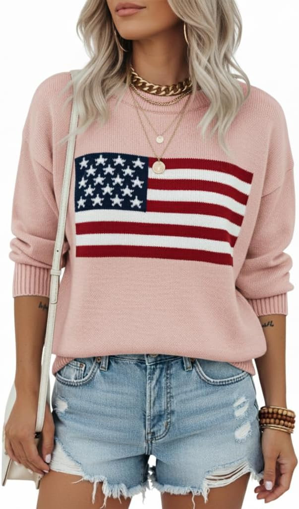 Women's American Flag Pattern Long Sleeve Lightweight Round Neck Sweater Casual Loose Pullover Ca... | Amazon (US)