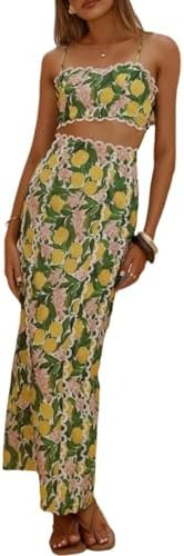 Women's Summer Holiday 2 Piece Outfit Floral Print Backless Cami Top and High Waisted Maxi Slit S... | Amazon (US)