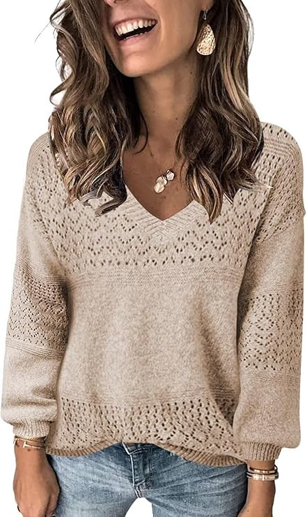 FEKOAFE Womens Sweaters 2025 Fall V Neck Long Sleeve Hollow Knit Pullover Sweaters for Women | Amazon (US)