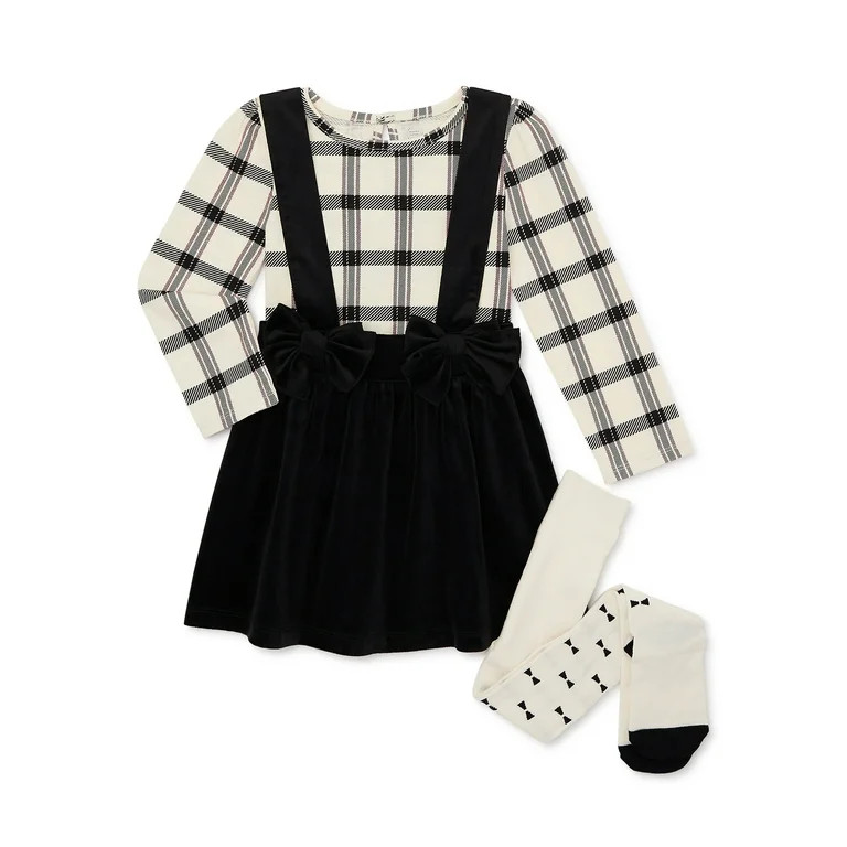 Wonder Nation Toddler Girl Pinafore, Top and Tights Outfit Set, 3-Piece, Sizes 12M-5T - Walmart.c... | Walmart (US)