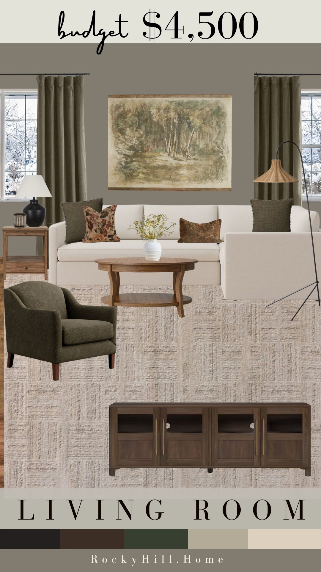 Living Room: $4500 budget 
Sectionals are great in casual living rooms or family rooms. This one is currently on sale at Pottery Barn in a kid and pet friendly fabric!

green living room, neutral furniture, extra large wall art, neutral rug, modern floor lamp, affordable media stand, target round wood coffee table, tapestry pillows, floral pillows, green accent chair

#LTKHome #LTKStyleTip #LTKSaleAlert