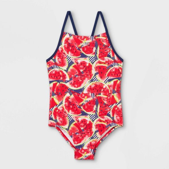 Speedo Girls' Watermelon Print Thin Strap One Piece Swimsuit - Red | Target